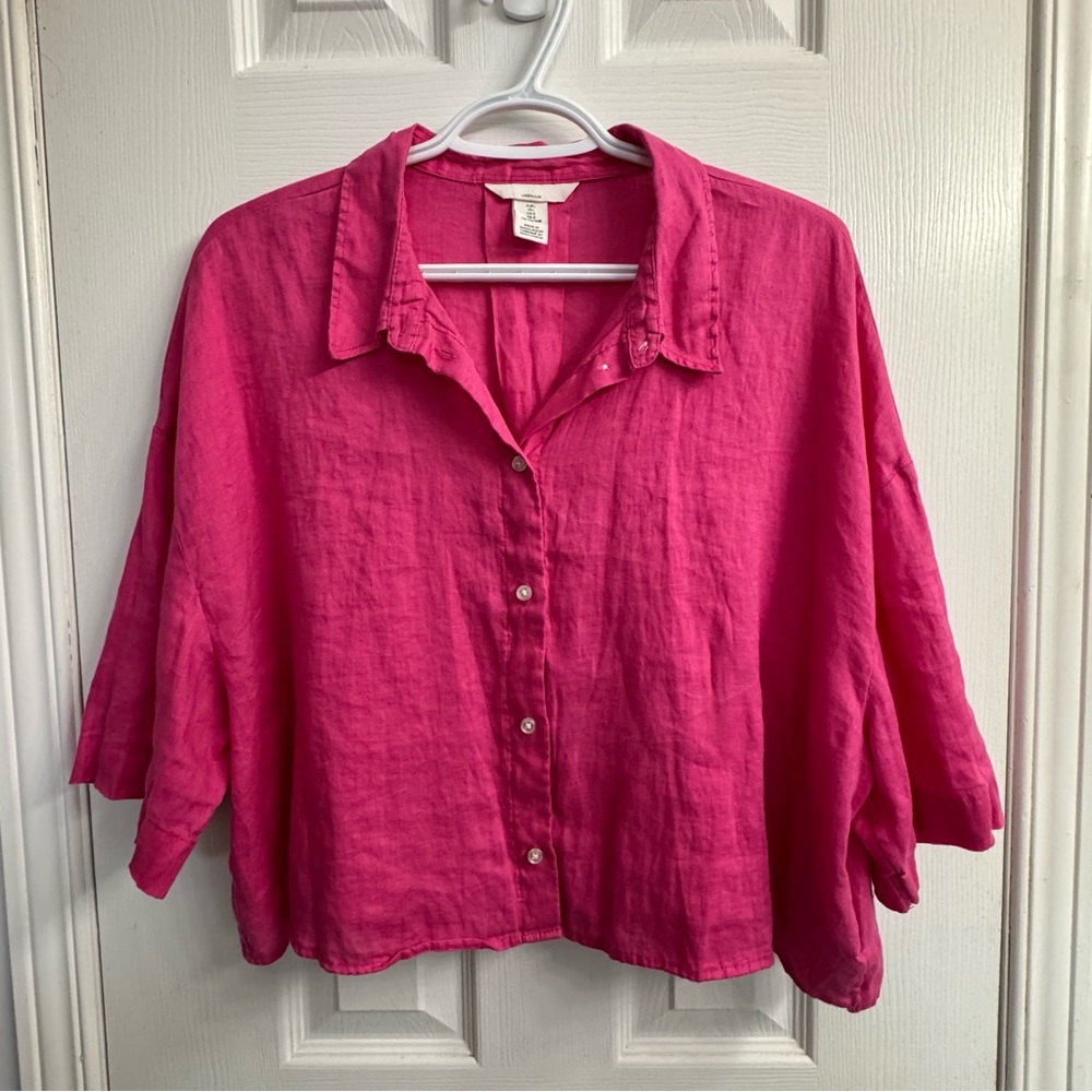 H&M Fuchsia 100% Linen Cropped Button-Up Shirt Coastal Grandmother Barbiecore L